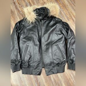 Black vintage Y2K lamb skin leather jacket with removable fur hood